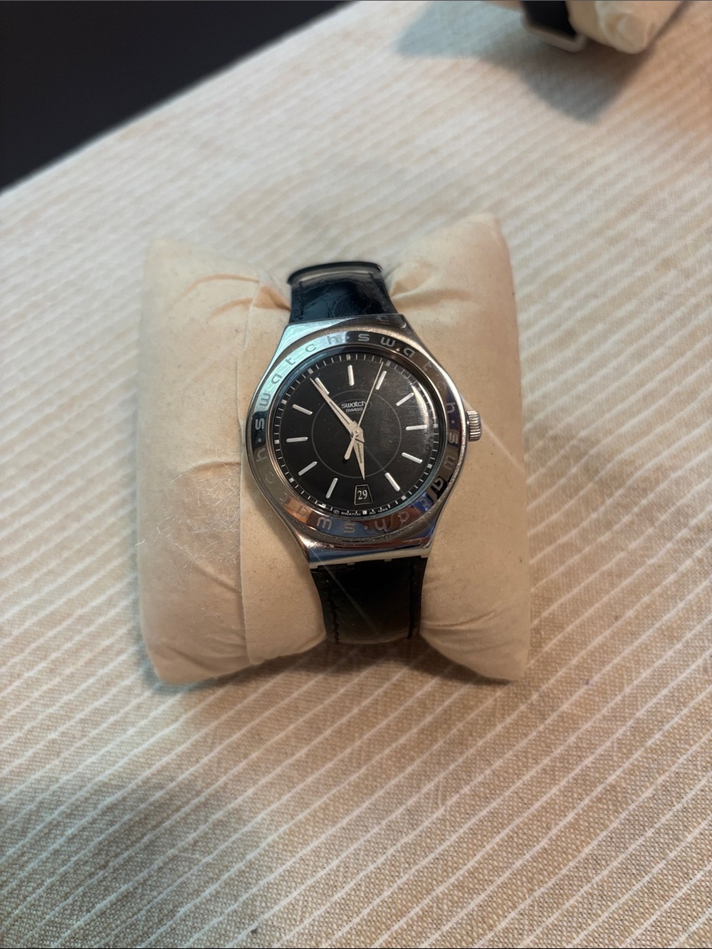 Swatch Black Dial Silver Case Black Leather Strap Watch